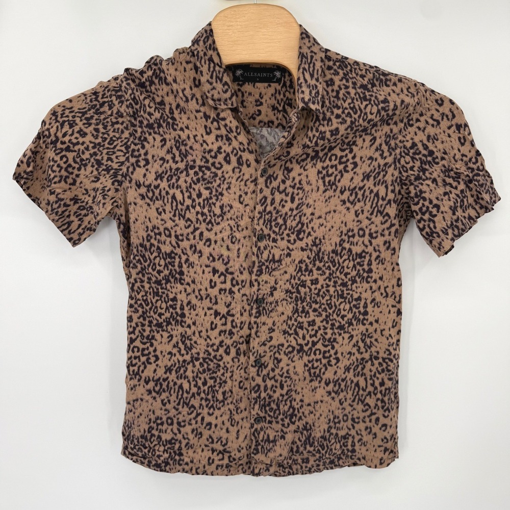 AllSaints Shirt Mens S Tan Patch SS Leopard Print Animal Viscose MS038R Short Sl